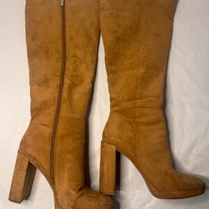 Stylish JustFab Tan Knee-High Platform Heeled Women's Boots Size 10 (US)